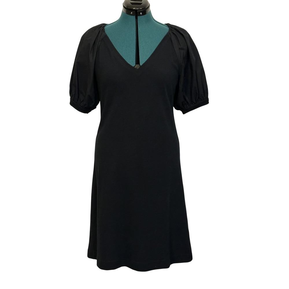 Maeve Anthropologie Dress Womens XS Black Puff Sleeve‎ V Neck Cotton Shift Knit